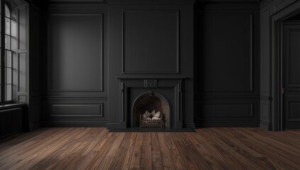Obraz premium Contemporary classic room interior mock up with black walls, wooden floor, and fireplace