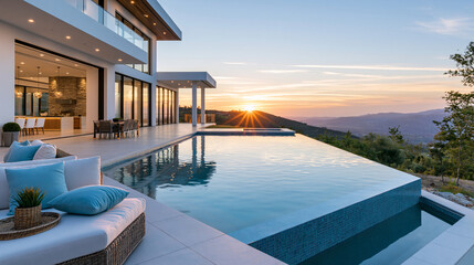 Fototapeta premium Luxurious modern estate at sunset with an infinity pool, elegant outdoor living spaces, and floor-to-ceiling glass walls overlooking a valley landscape, with copy space