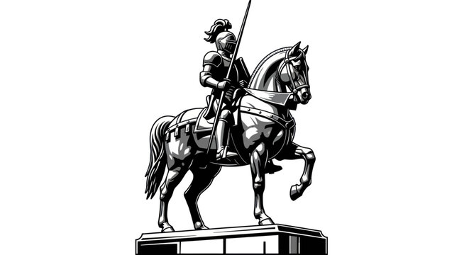 Knight on Horseback Statue, Medieval Warrior, Equestrian Monument, History, Black and White