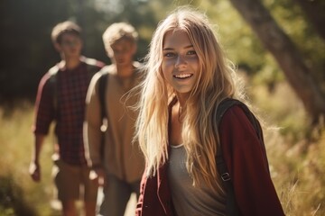 Naklejka premium Young woman hiking in nature with friends smiling at camera