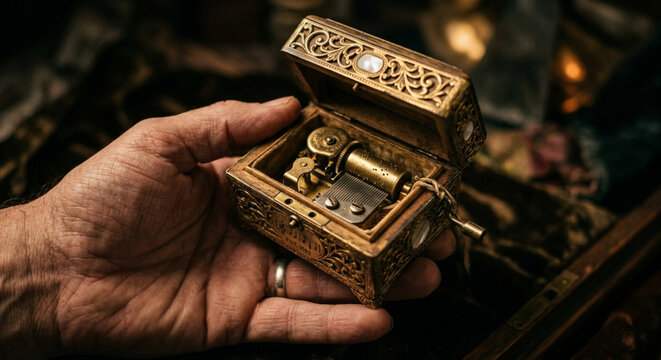 Antique Golden Music Box with Intricate Filigree and Mother of Pearl Inlay Held in a Hand