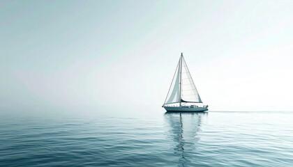 Fototapeta premium Serene Sailboat Gliding on Calm Ocean Waters Under a Hazy Sky.