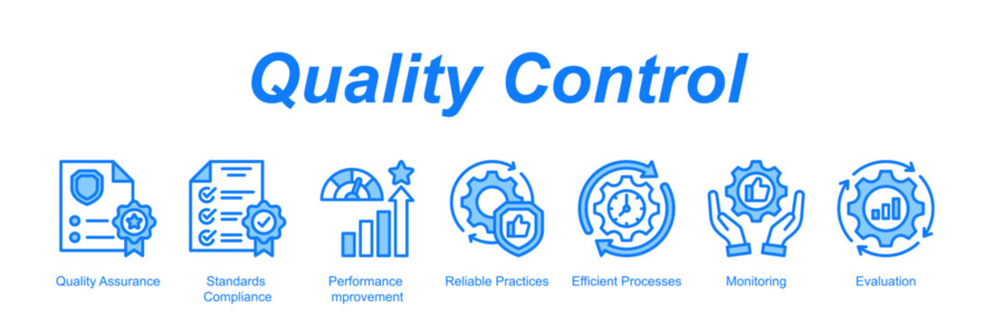 Quality Control banner web icon vector illustration concept with an icon of business with icon of Quality Assurance, Standards Compliance, Performance Improvement, Reliable Practices, Efficient.