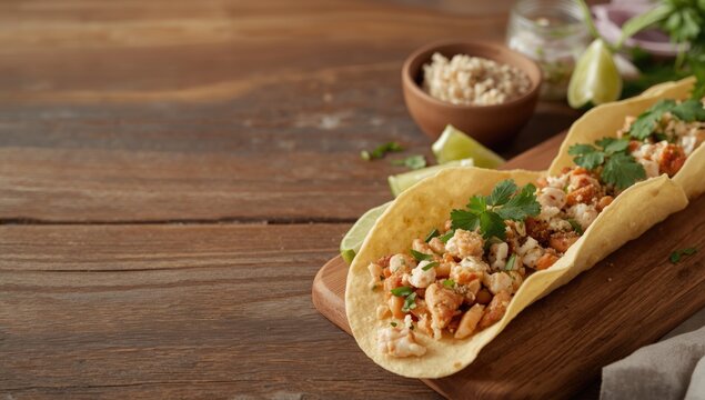 Crafted tacos with vegan crab and plant based canned tuna with copy space