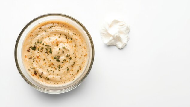 Creamy sauce with Italian herbs displayed in an isolated glass bowl alongside sour cream