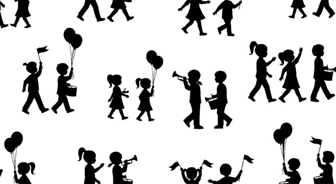 Children marching in festive parade with instruments and balloons