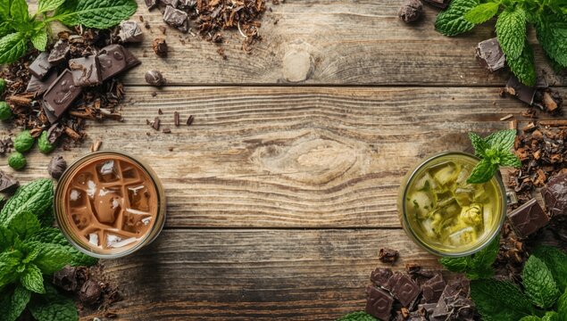 Fresh ingredients framing iced chocolate and green tea frappes in refined glasses on a rustic wooden table
