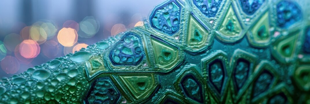 Focused macro view of intricate glass texture with water droplets on vivid jade and cobalt geometric patterns soft cityscape bokeh in background.