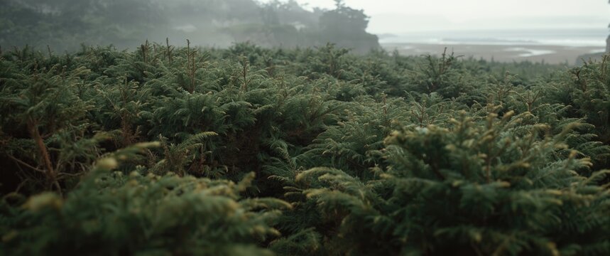 Dense stand of Taxus baccata evergreens near salt air environment