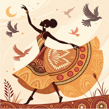 African woman dancing joyfully in traditional dress surrounded by flying birds