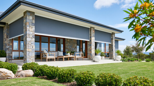Modern house exterior featuring stone cladding, large windows, and outdoor roller blinds, residential architecture concept, with copy space