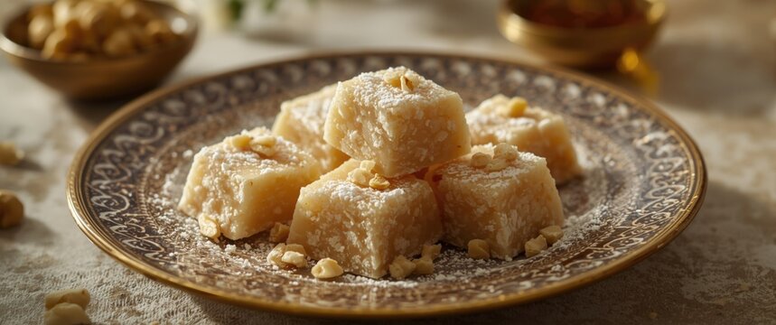 Creamy Indian besan barfi made using gram flour and condensed milk accompanied by nuts and powdered sugar on a decorative serving plate