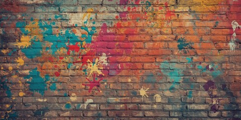 Fototapeta premium Colorful paint splattered on old brick wall background