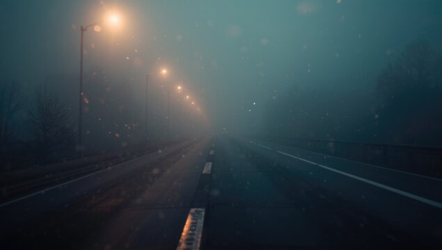Hazy roadway scene with soft bokeh light reflections