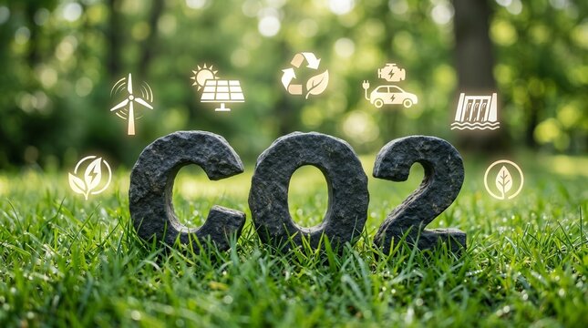 Environmental Responsibility CO2 Stone Letters on Green Grass Illuminated by Sustainable Energy Icons, Symbolizing a Path Towards a Greener and More Eco-Friendly Future