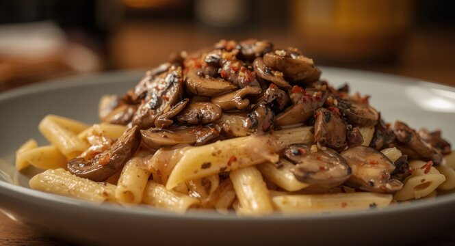 Creamy penne pasta with saut&Atilde;&copy;ed mushrooms and rich carbonara sauce