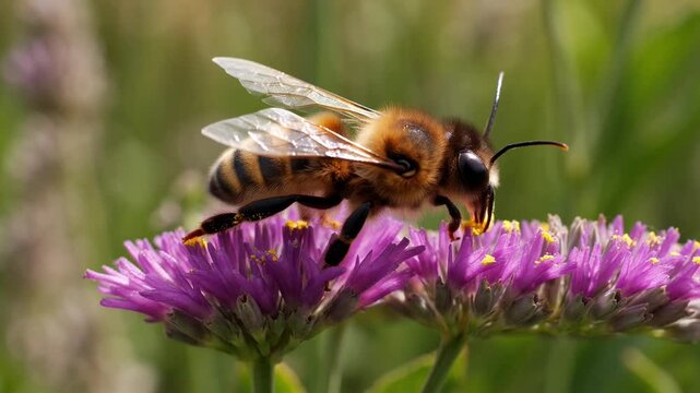 Close up nature photography of a bee pollinating vibrant purple flowers in a sunny meadow field summer garden wildlife macro shot
