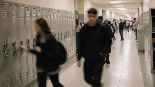 Students walking down a school hallway with lockers on the side.
