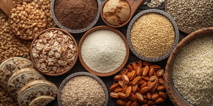 Diverse gluten free grain options presented with copy space included