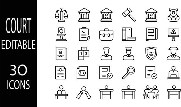 Court Icons Set: A comprehensive collection of 30 editable line art icons representing various aspects of the legal system, including scales of justice, courthouse, gavel, judge, and legal documents.