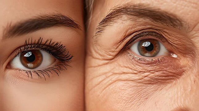 Close up comparison of young and old human eyes showing aging process.