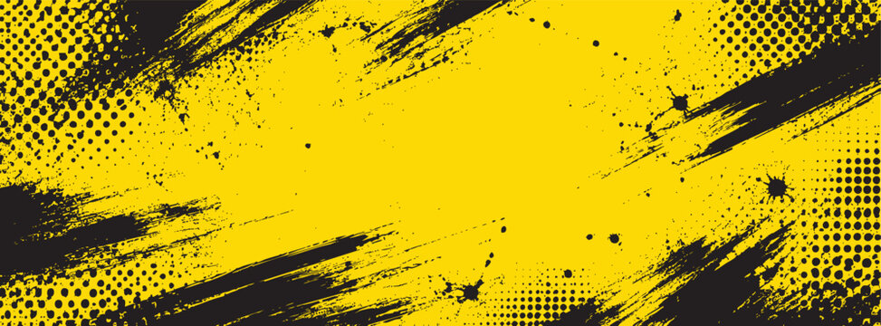 Abstract grunge background featuring a vibrant yellow paint splash over a deep blue textured surface with halftone dot patterns and artistic brush strokes.