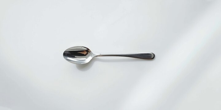 elegant silver spoon placed on minimalist white surface top down view