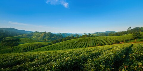 Naklejka premium Expansive tea garden rows stretching across rolling hills under clear skies