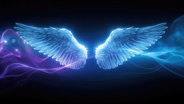 Elegant angel wings shining with pure white light amid dynamic colorful energy waves with copy space