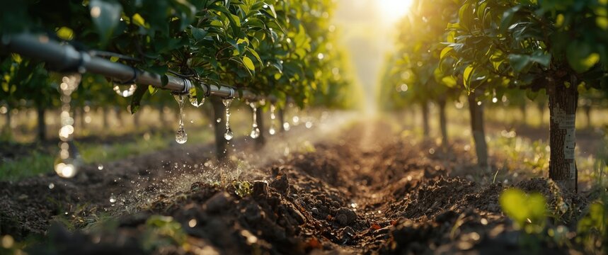 Close-up of efficient water delivery by drip irrigation in orchard farming