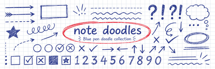 A collection of hand-drawn blue pen note doodles, including arrows, frames, stars, checkmarks, crosses, numbers, exclamation marks, question marks, and thought bubbles, on grid paper. © Zbrake Studio