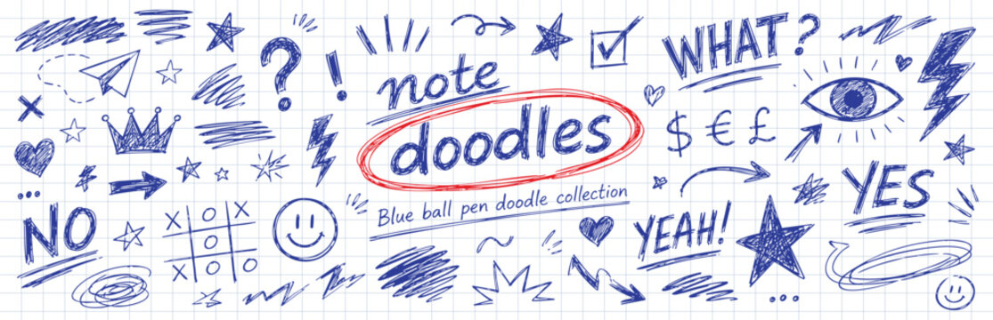 A collection of various hand-drawn doodles including stars, hearts, arrows, symbols, and text like 'doodles', 'what', 'no', and 'yes' on grid paper.