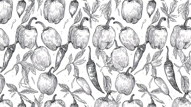 Hand drawn botanical pattern features bell peppers and chili peppers interspersed with foliage.
