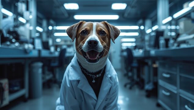 Happy pet analyzing deep learning reports with lab coat on and blank space for text in an advanced laboratory environment