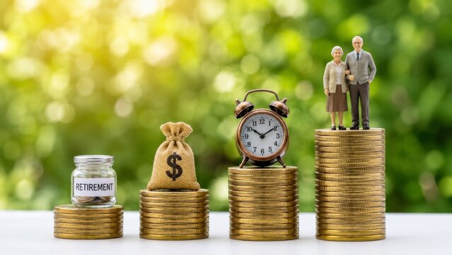 A miniature scene depicting retirement savings with coins, a jar labeled "RETIREMENT," a bag of money, a clock, and figurines of an elderly couple.