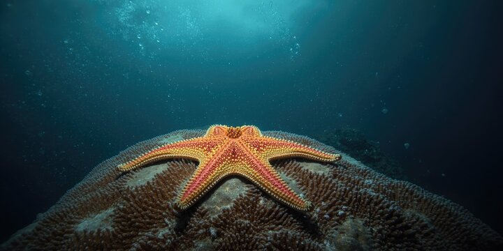 Detailed seastar on coral surface with open copy space for writing