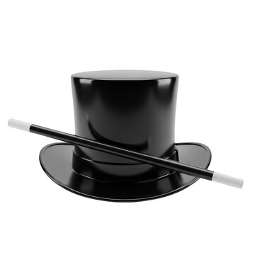 Black top hat and magic wand isolated on transparent background for fantasy or theatrical use
