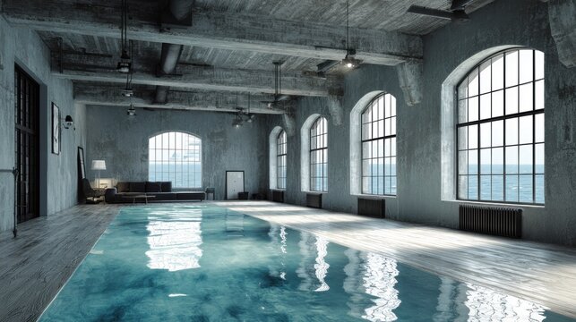Expansive interior space featuring a shallow water feature with views of a large body of water through arched windows