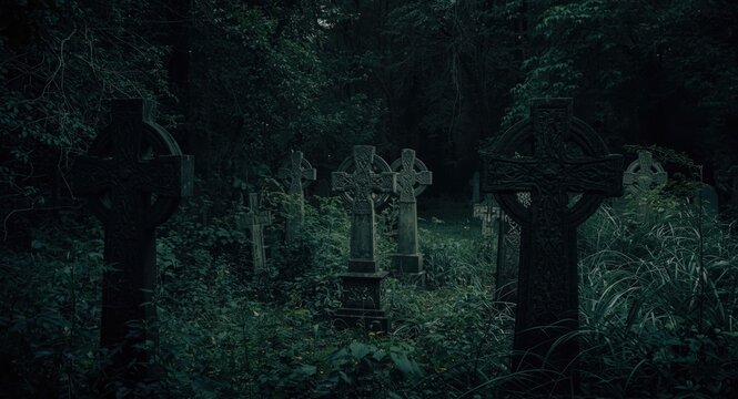 dark overgrown cemetery featuring ancient Celtic cross tombstones with ample copyspace for text