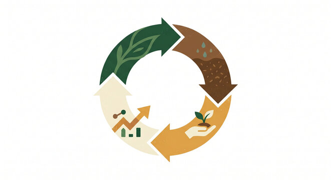 Circular Economy Graphic: An illustrative graphic depicting the concept of a circular economy, showcasing a continuous cycle of growth, regeneration, and sustainability with icons representing nature.
