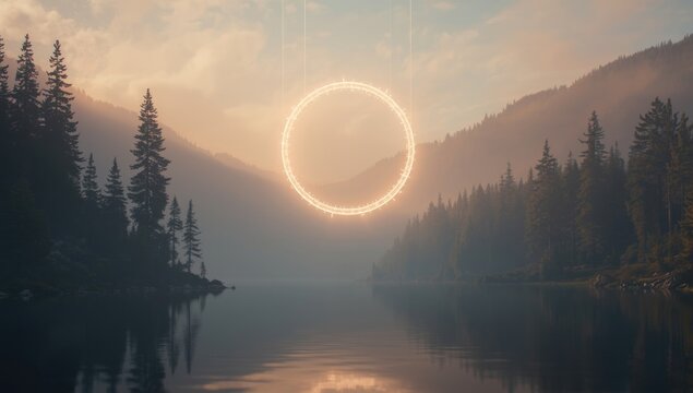 Ethereal luminous ring suspended above a hazy water body flanked by pine woods and gentle mountains at twilight
