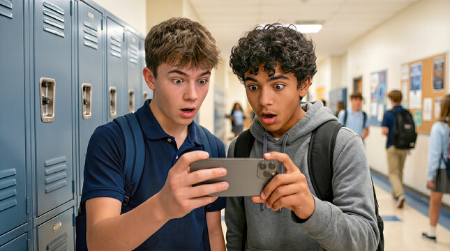 Two shocked teenage students reacting emotionally to smartphone content together in crowded school hallway between classes