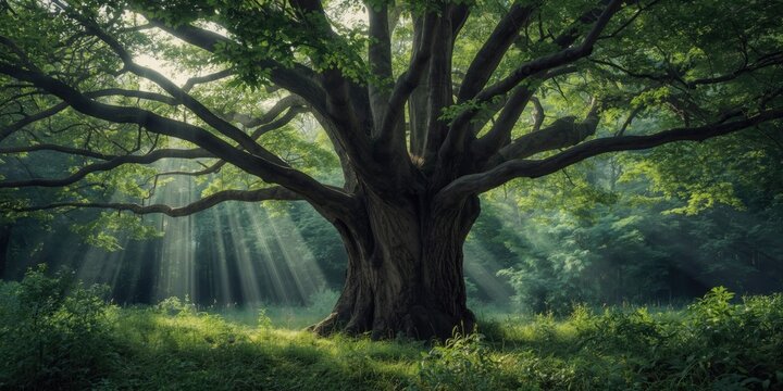 Giant Kauri tree with sprawling branches in natural forest setting