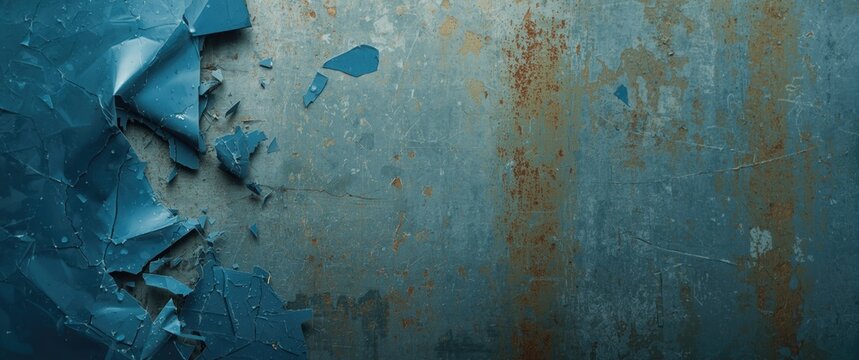 Damaged blue plastic featuring abstract shapes on a weathered rough panel background