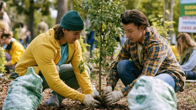 Medium shot of dedicated volunteers nurturing a freshly planted tree beside recycled mulch bags and a welcome sign in various languages with the community softly blurred in a local