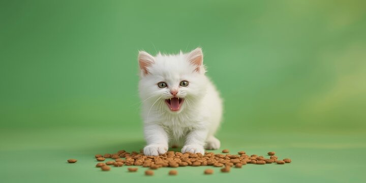 Delighted white kitten eating dry food on vivid green backdrop overhead with copy space