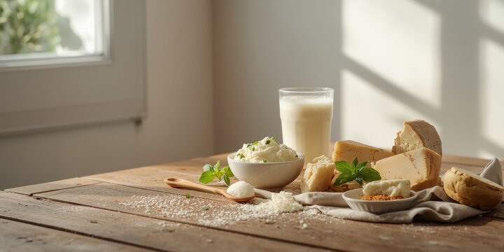 Dairy foods rich in nutrients including cottage cheese milk and cheese showcasing casein and lactose