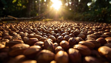 Obraz premium Close up of cacao beans drying under the sun in natural surroundings