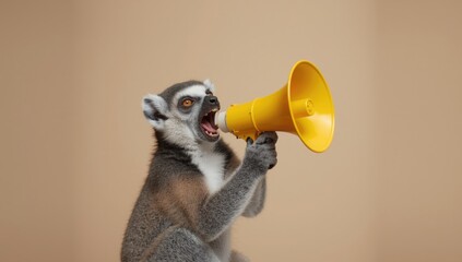 Fototapeta premium Confident communication depicted by a playful lemur shouting into a yellow loudspeaker on a neutral background