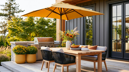 Fototapeta premium Golden luxury patio with a gold grill, dining set, and amber umbrella, mustard potted plants flanking the grill near a home exterior, with copy space